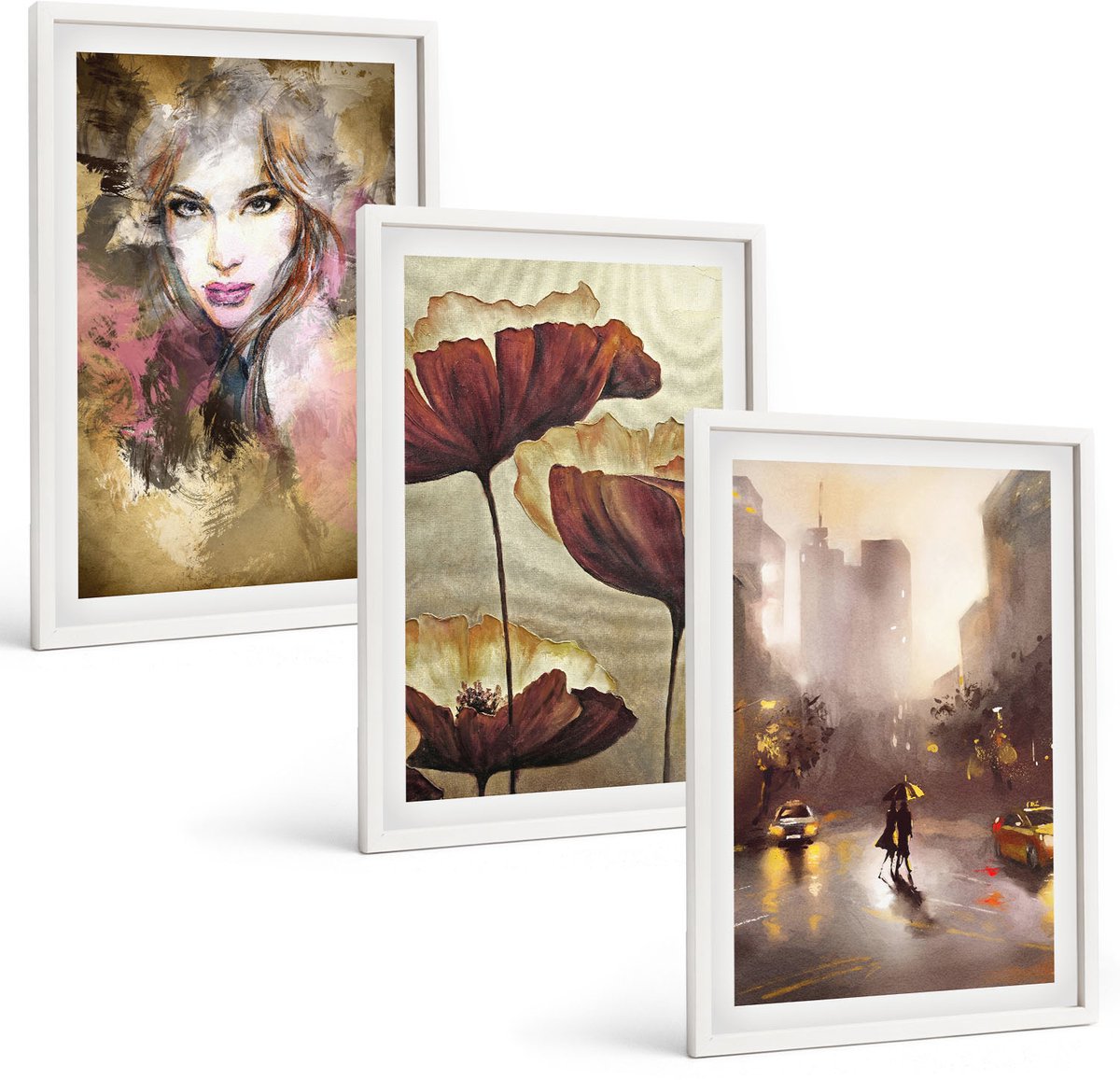 Coloray 3-Delige Schilderij Set - Abstract Portret Van Een Vrouw Met Bloemen In Een Stad In De Regen. - 40 x 60 - Wanddecoratie - Schilderijen Set - Interieur - Interieur Decoratie