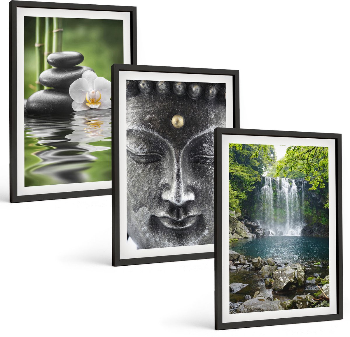 Coloray 3-Delige Schilderij Set - Harmonie Van De Natuur Met Stenen, Water En Boeddha - 40 x 60 cm - Muurdecoratie - Wanddecoratie - Hal