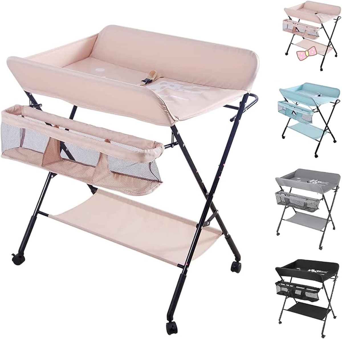 Baby Opvouwbaar en Draagbaar, in Hoogte Verstelbaar, Luiertafel, Verzorgingstafel Giraffe Patroon, Luiertafel Baby commode met 4 Wielen,80 * 66 * 98 cm (roze)