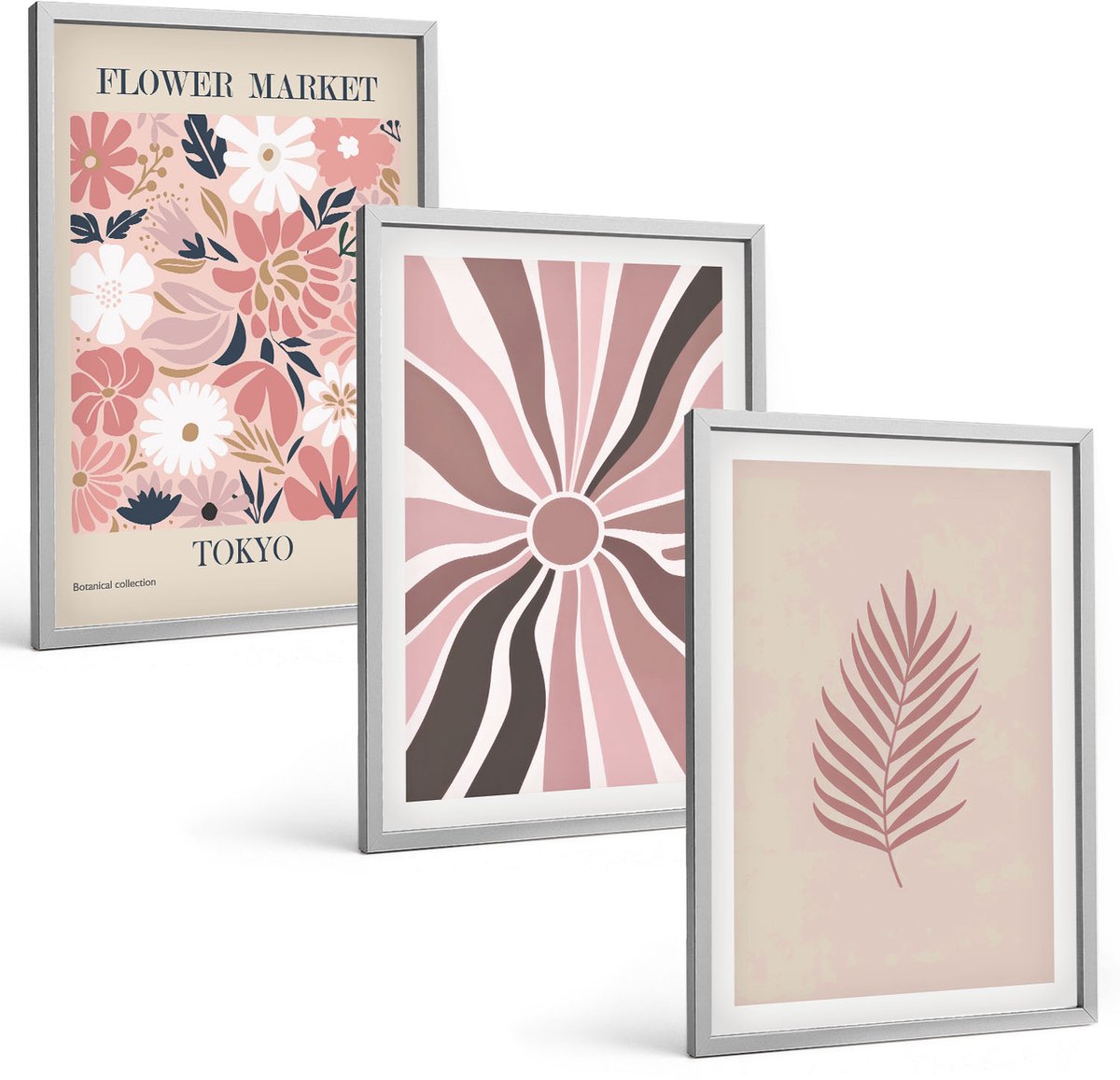 Coloray 3-Delige Schilderij Set - Bloemmotieven Met Bladeren En Geometrische Vormen - 40 x 60 cm - Wanddecoratie - Moderne Interieurdecoratie