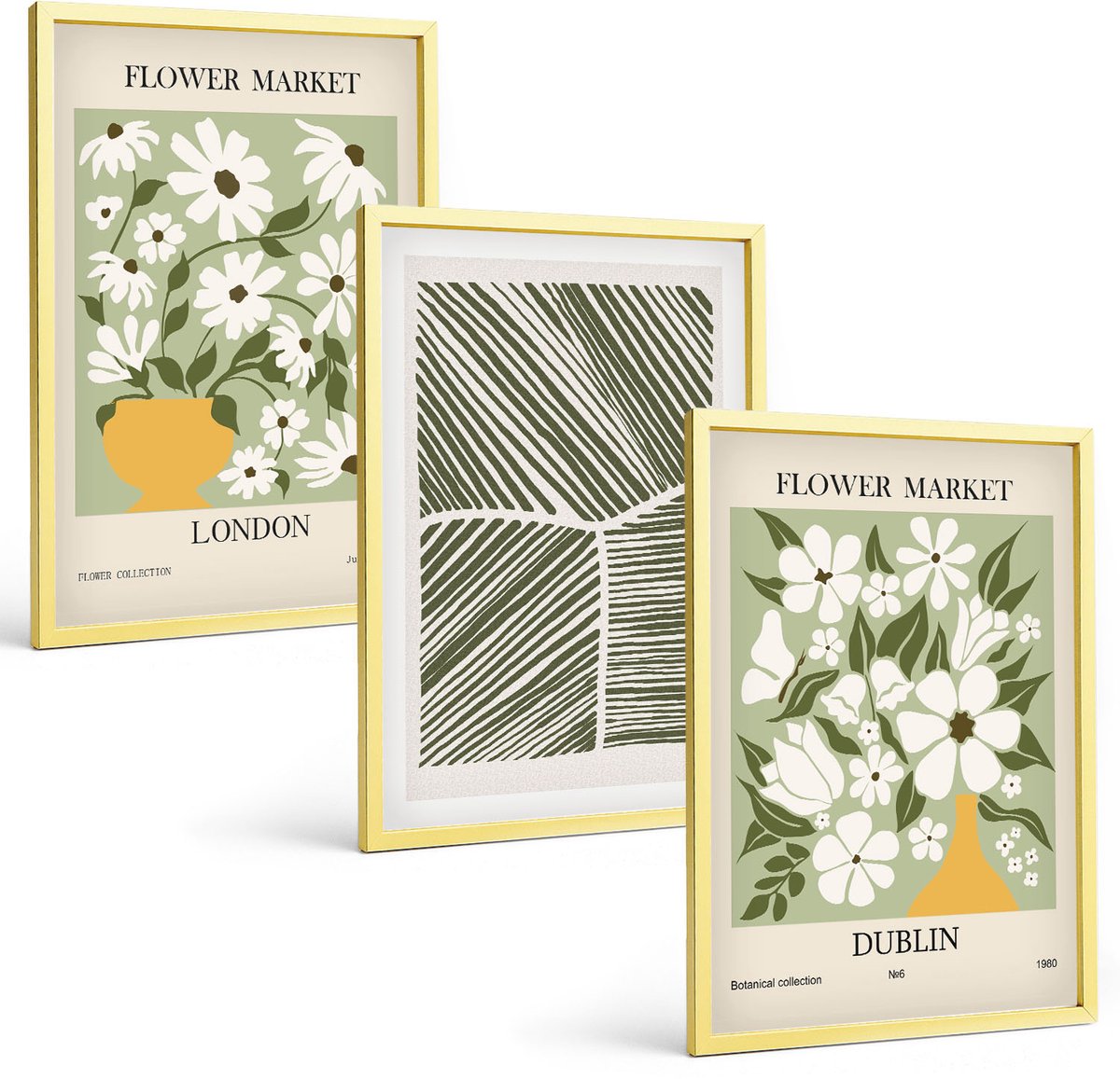 Coloray 3-Delige Schilderij Set - Bloemmotieven Londen En Dublin Delicate Bladeren - 40 x 40 cm En 40 x 60 cm - Wanddecoratie - Muurdecoratie - Moderne Interieurdecoratie