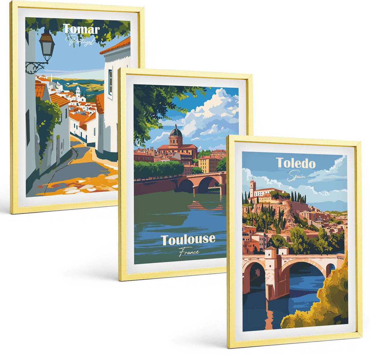 Coloray 3-Delige Schilderij Set - Retro-Illustraties Van Beroemde Regio'S Over De Hele Wereld - 40 x 40 cm En 40 x 60 cm - Moderne Wanddecoratie - Slaapkamer - Woonkamer Decoratie