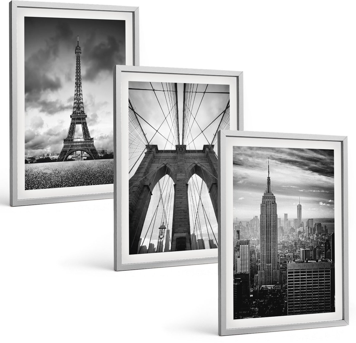 Coloray 3-Delige Schilderij Set - Torens En Bruggen In Monochrome Tinten - 40 x 60 cm - Wanddecoratie - Woonkamer Decoratie