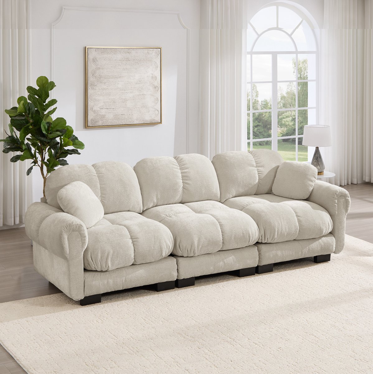 REDOM - Bank - 3-zits cloud sofa met 2 sierkussens - Gewatteerde zitkussens en gebogen rugleuning - Zachte chenille bekleding - Moderne designstijl - Woonkamer - Chenille - Licht kaki - 260 x 86 x 90 cm
