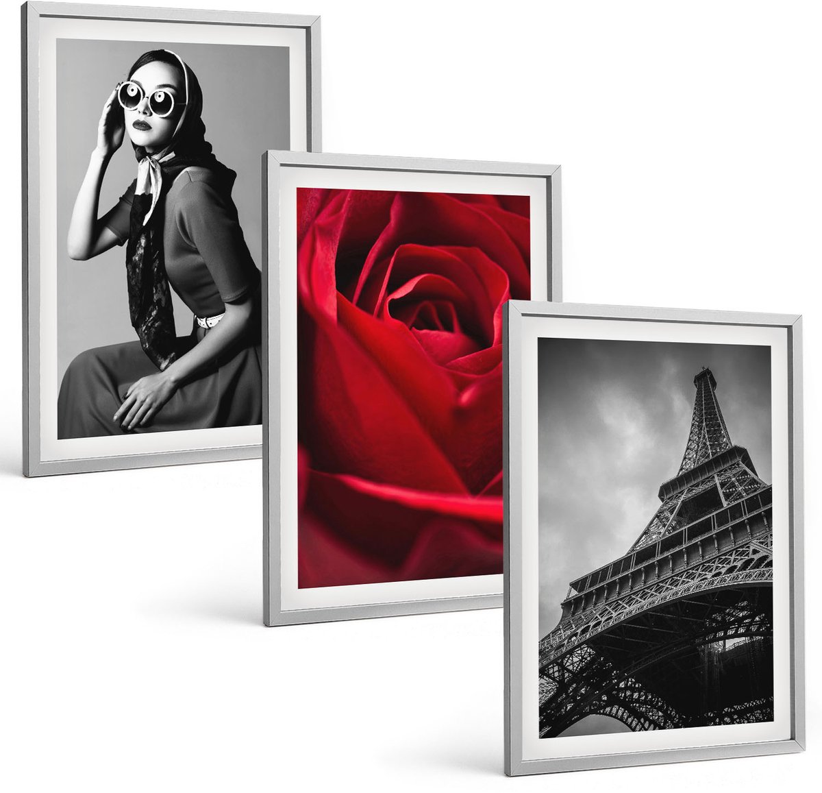 Coloray 3-Delige Schilderij Set - Parijse Vrouw Met Bril, Roos En Eiffeltoren - 40 x 60 cm - Wanddecoratie - Muurdecoratie - Woonkamer - Decoratieve Schilderijen