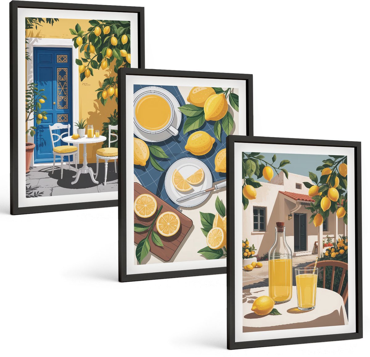 Coloray 3-Delige Schilderij Set - Lemonade, Italiaans Uitzicht En Een Zonnig Terras - 40 x 60 cm - Muurdecoratie - Wanddecoratie - Slaapkamer - Stijlvolle Muurdecoratie