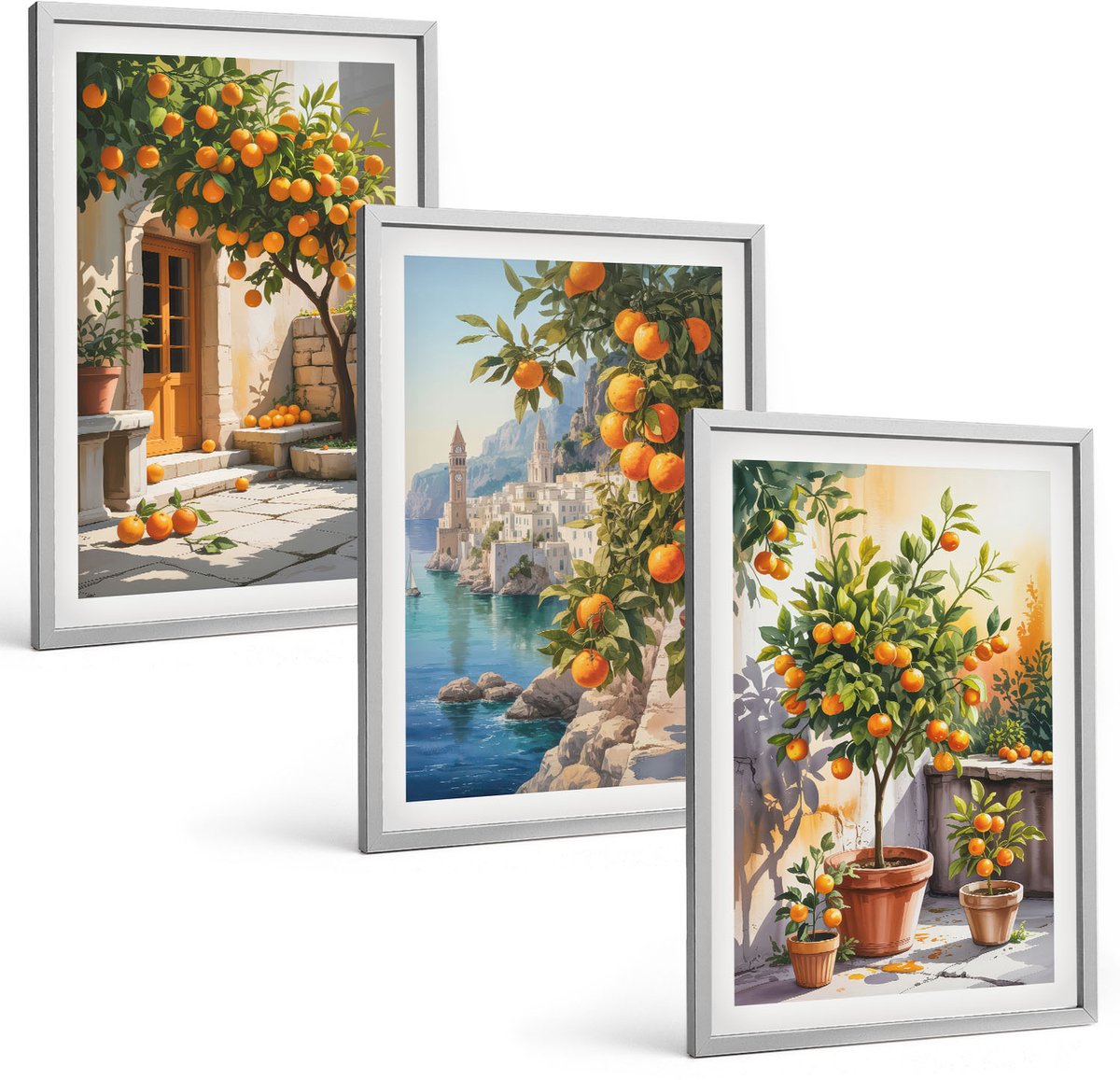 Coloray 3-Delige Schilderij Set - Geschilderde Citrusvruchten En Kustlandschappen - 40 x 60 cm - Wanddecoratie - Schilderijen Set - Kantoor - Moderne Wanddecoratie