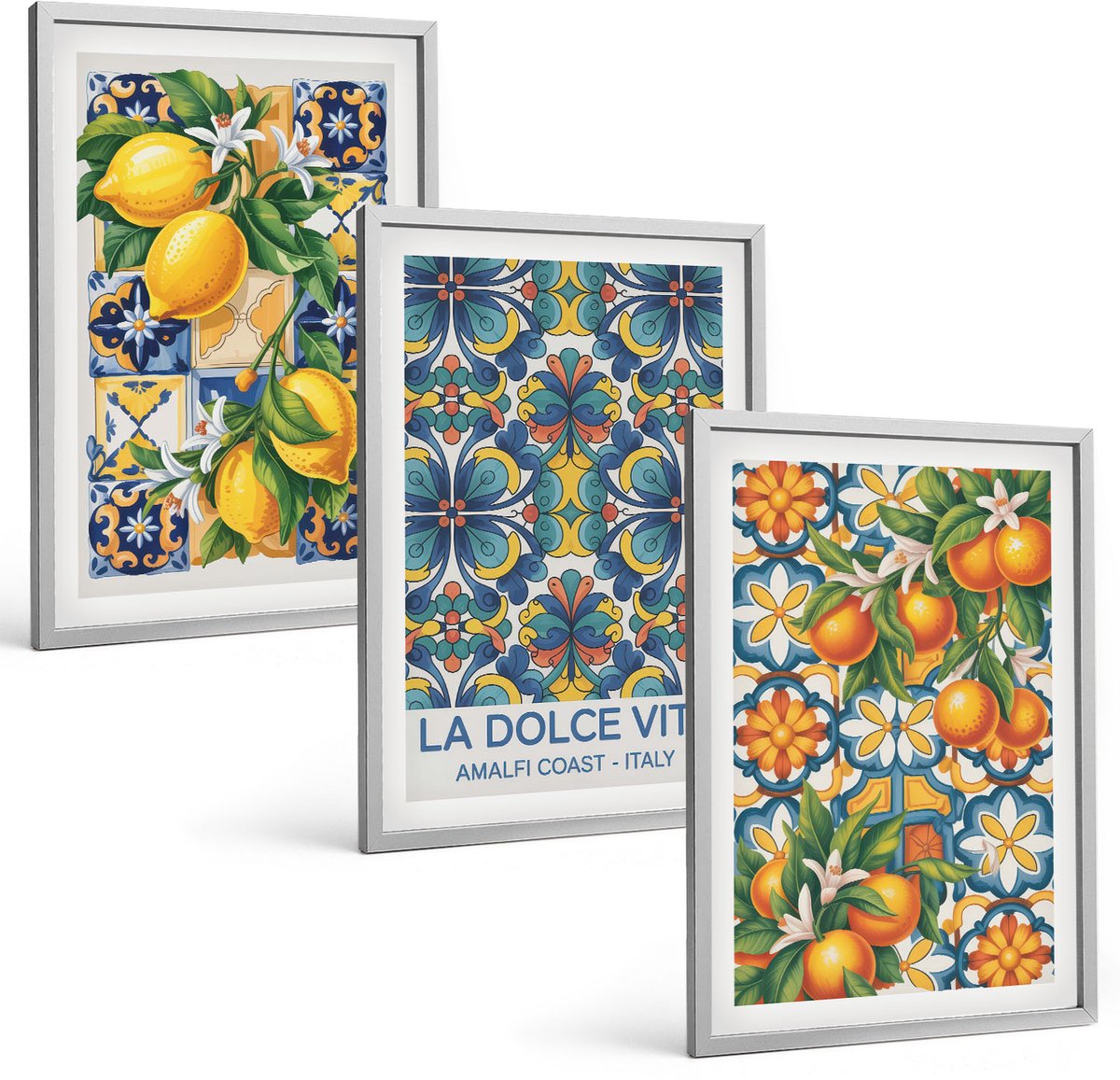 Coloray 3-Delige Schilderij Set - Citroen- En Sinaasappelbloemen In Kleurrijke Patronen - 40 x 60 cm - Stijlvolle Muurdecoratie - Slaapkamer - Wanddecoratie