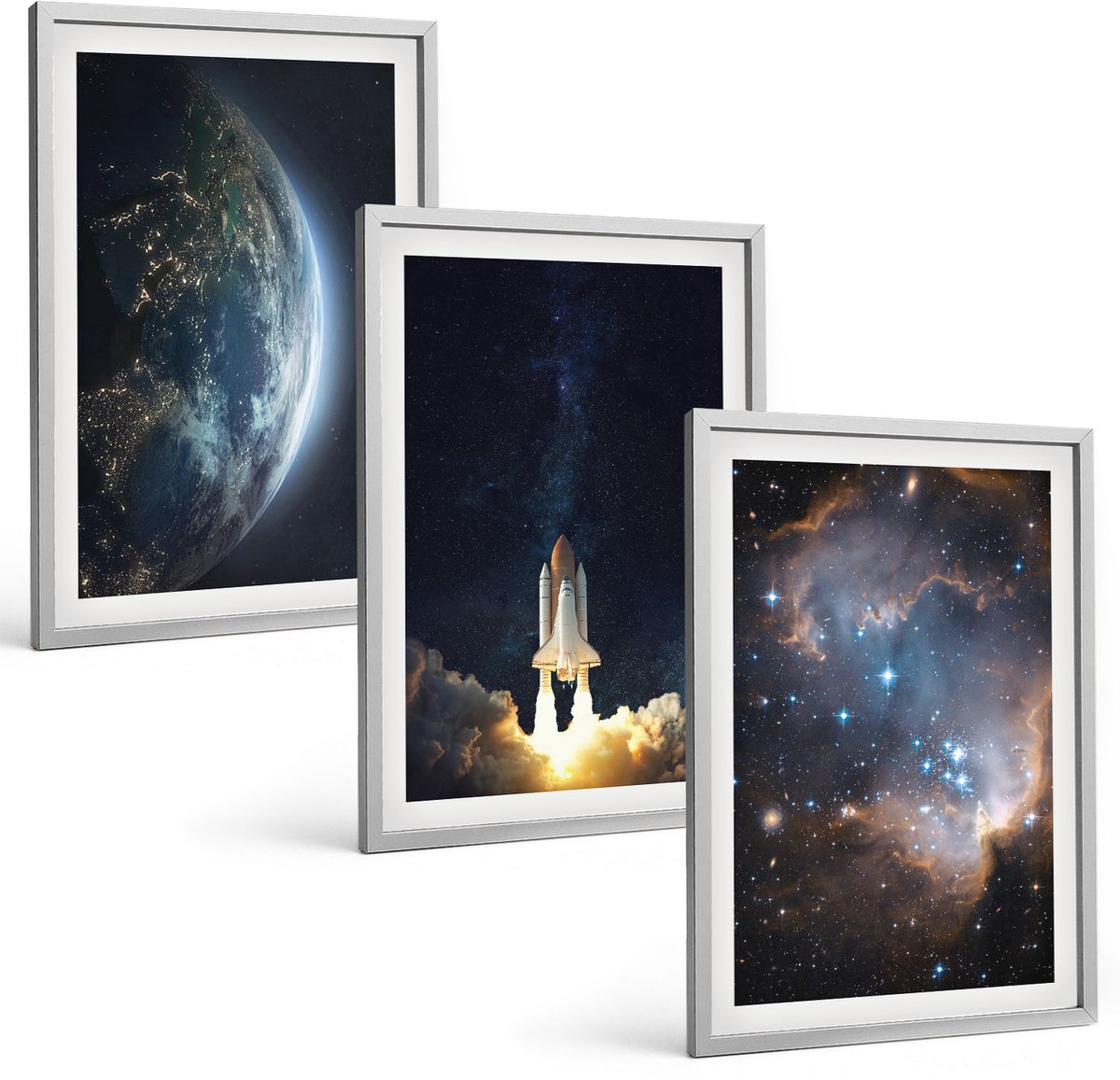 Coloray 3-Delige Schilderij Set - Ruimte Aarde Raket Melkweg Hemel Sterren - 40 x 60 cm - Decoratieve Schilderijen - Woonkamer - Interieur