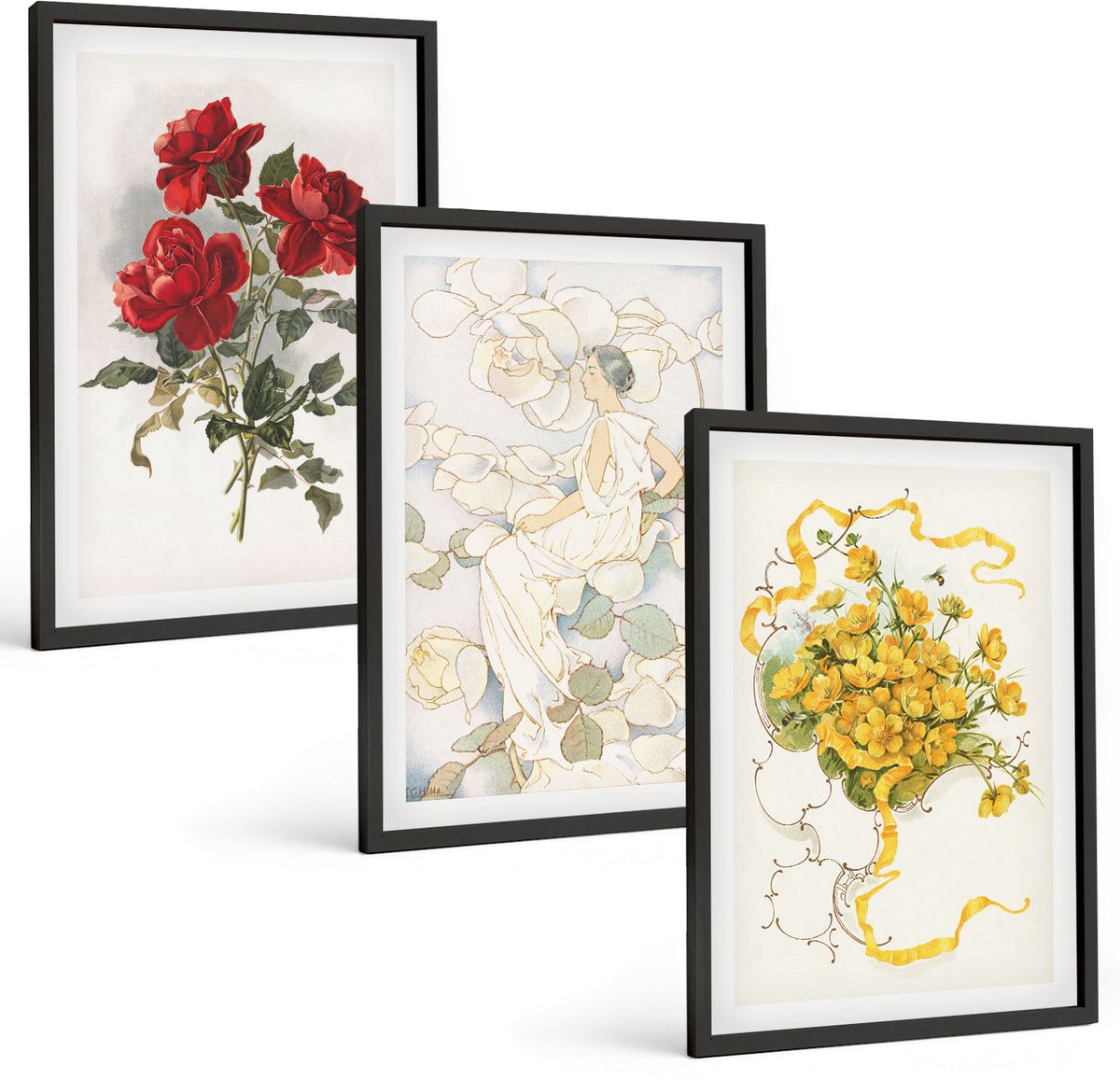 Coloray 3-Delige Schilderij Set - Rode Rozen In Een Witte Vaas Met Gele Bloemen. - 40 x 60 cm - Stijlvolle Wanddecoratie - Interieur - Decoratieve Schilderijen