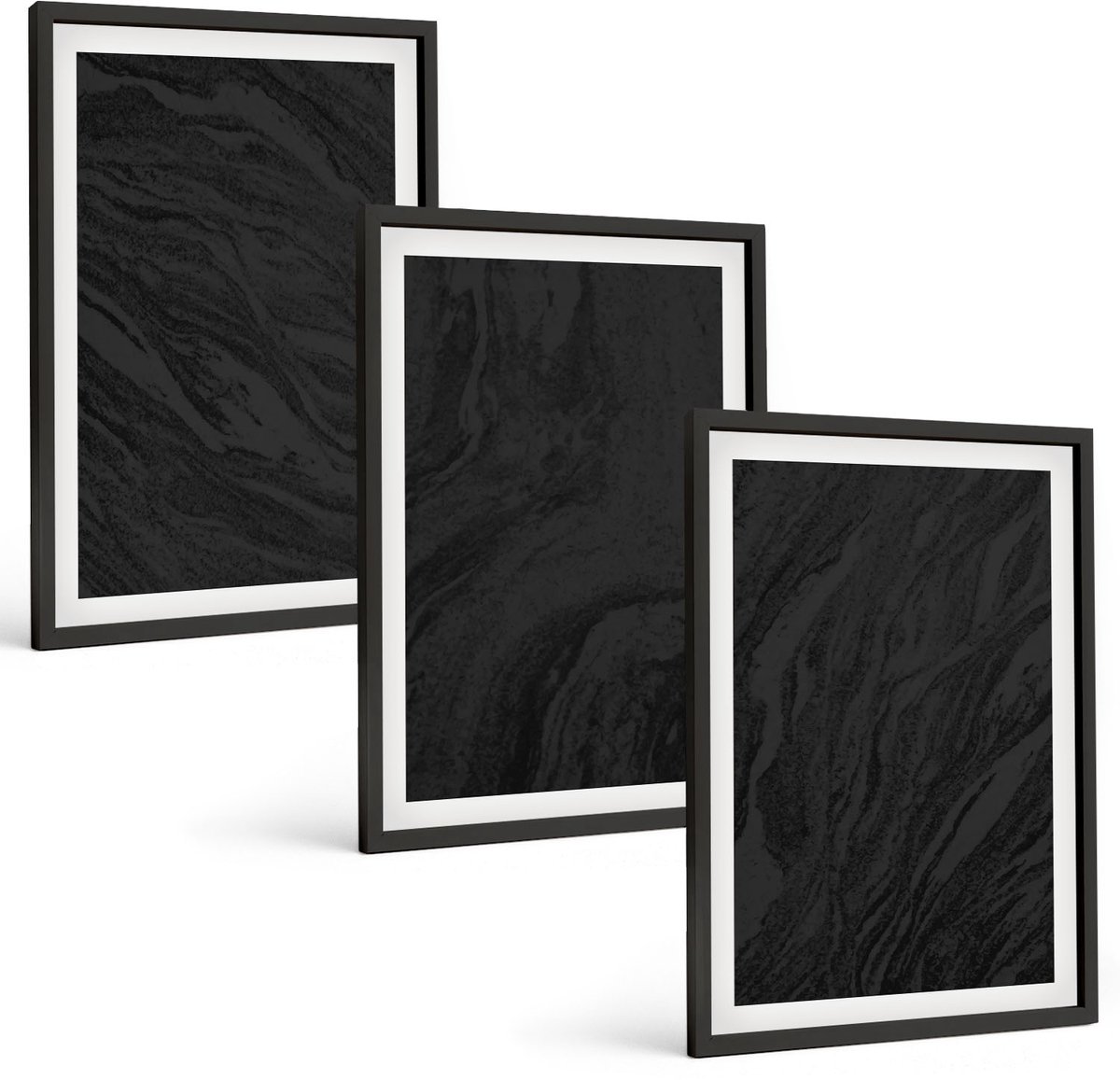 Coloray 3-Delige Schilderij Set - Donker Marmer, Elegante Texturen In Een Glamoureuze Stijl. - 40 x 60 cm - Moderne Wanddecoratie - Woonkamer - Muurdecoratie Zwarte lijst