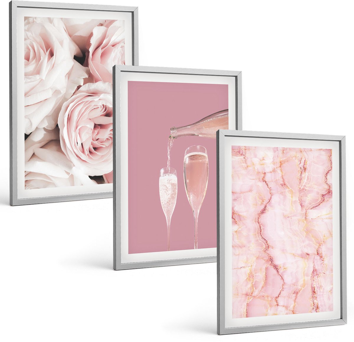 Coloray 3-Delige Schilderij Set - Champagnekleurige Rozen En Een Pastelkleurige Marmeren Achtergrond - 40 x 60 cm - Wanddecoratie - Schilderijen Set - Kantoor