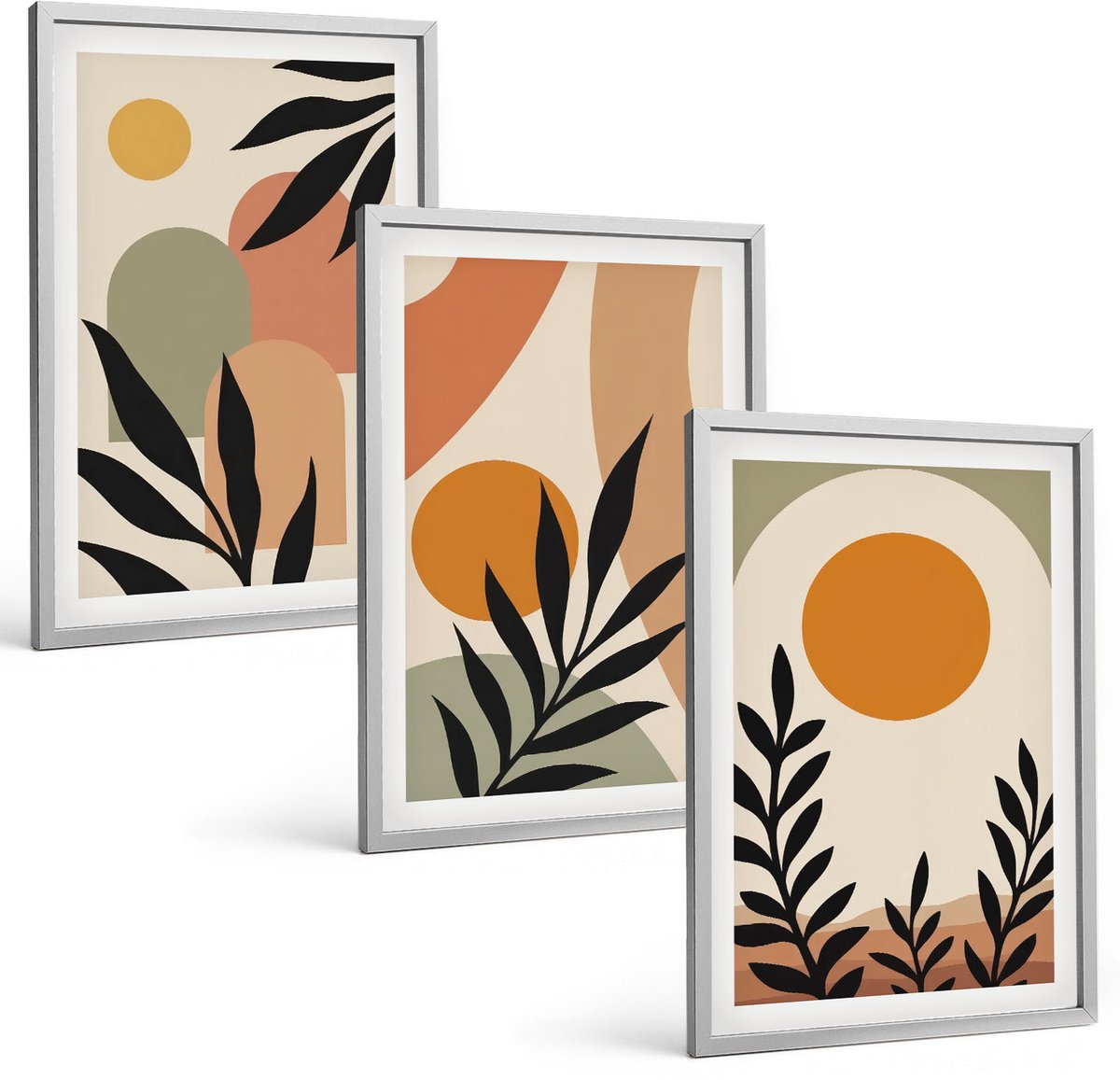 Coloray 3-Delige Schilderij Set - Abstracte Vormen En Plantmotieven In Warme Kleuren. - 40 x 60 cm - Stijlvolle Wanddecoratie - Interieur - Stijlvolle Muurdecoratie
