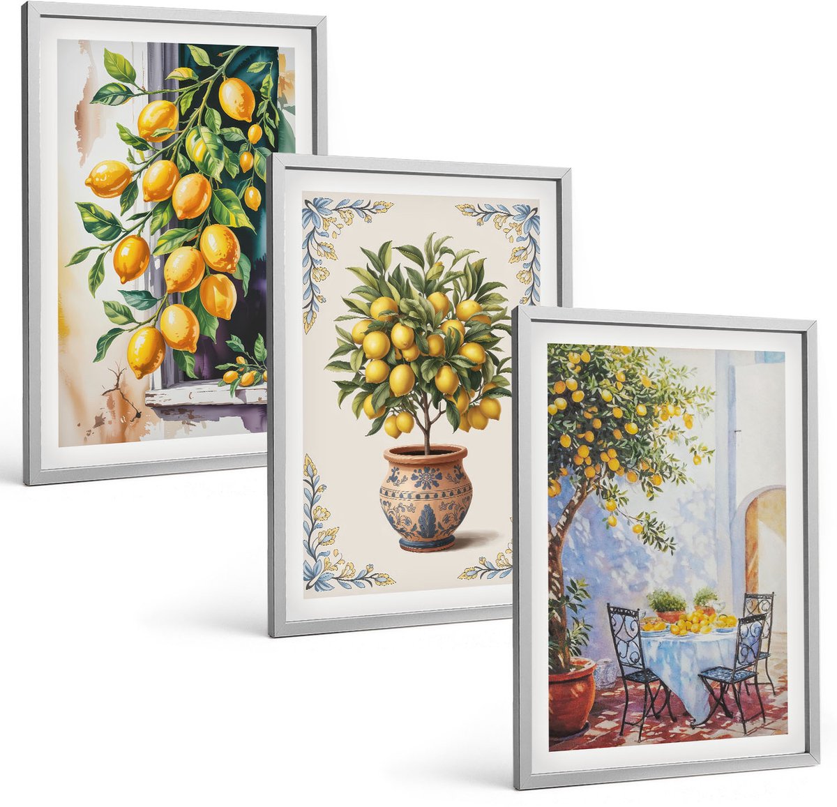 Coloray 3-Delige Schilderij Set - Citroenbomen En -Fruit In Een Zonnig Landschap - 40 x 60 cm - Wanddecoratie - Muurdecoratie - Woonkamer - Woonkamer Decoratie