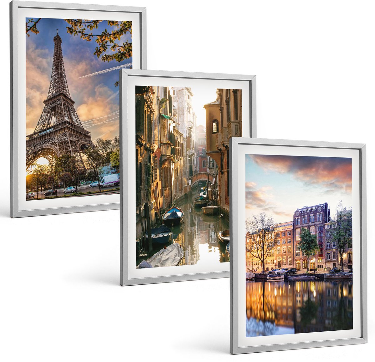 Coloray 3-Delige Schilderij Set - De Eiffeltoren, De Grachten Van Venetië En De Straten Van Amsterdam. - 40 x 60 cm - Muurdecoratie - Decoratieve Schilderijen - Wohnzimmer - Woonkamer Decoratie