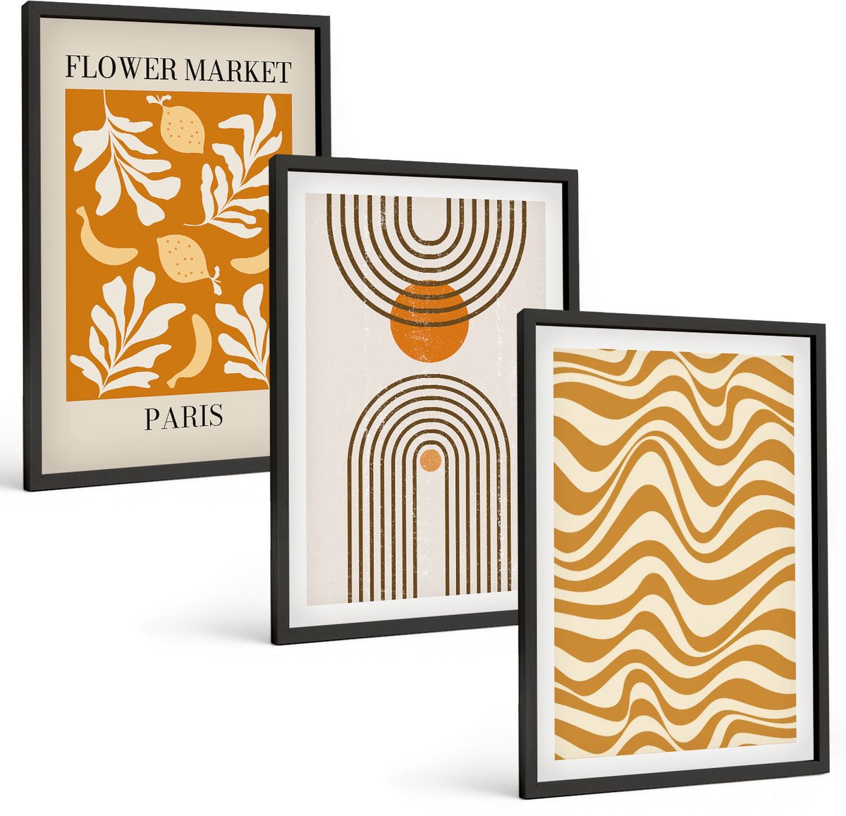 Coloray 3-Delige Schilderij Set - Modeposters Met Bloemen- En Geometrische Patronen - 40 x 60 cm - Decoratieve Muurdecoratie - Slaapkamer - Decoratieve Schilderijen Zwarte lijst