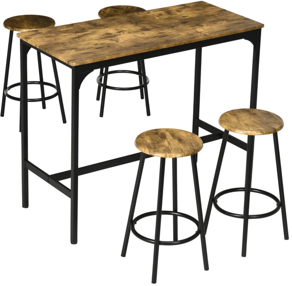 Eethoek - 5-delige Bartafelset - 1 Bartafel Met 4 Barkrukken - Zitgedeelte - Aanrecht - Industrieel Design - Zwart En Bruin