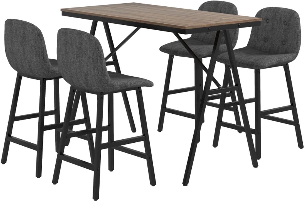 Eethoek - 5-delige Barset - Tafel Met 4 Stoelen - Knoopstiksel - Dikke Vulling - Linnenlook - Donkergrijs