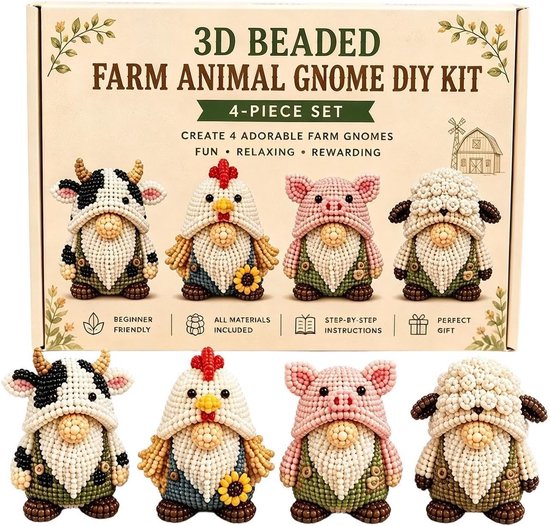 3D Beaded Farm Animal Gnome DIY Kit, 4-delige set, met een koe, kip, varken en schaap gnome.