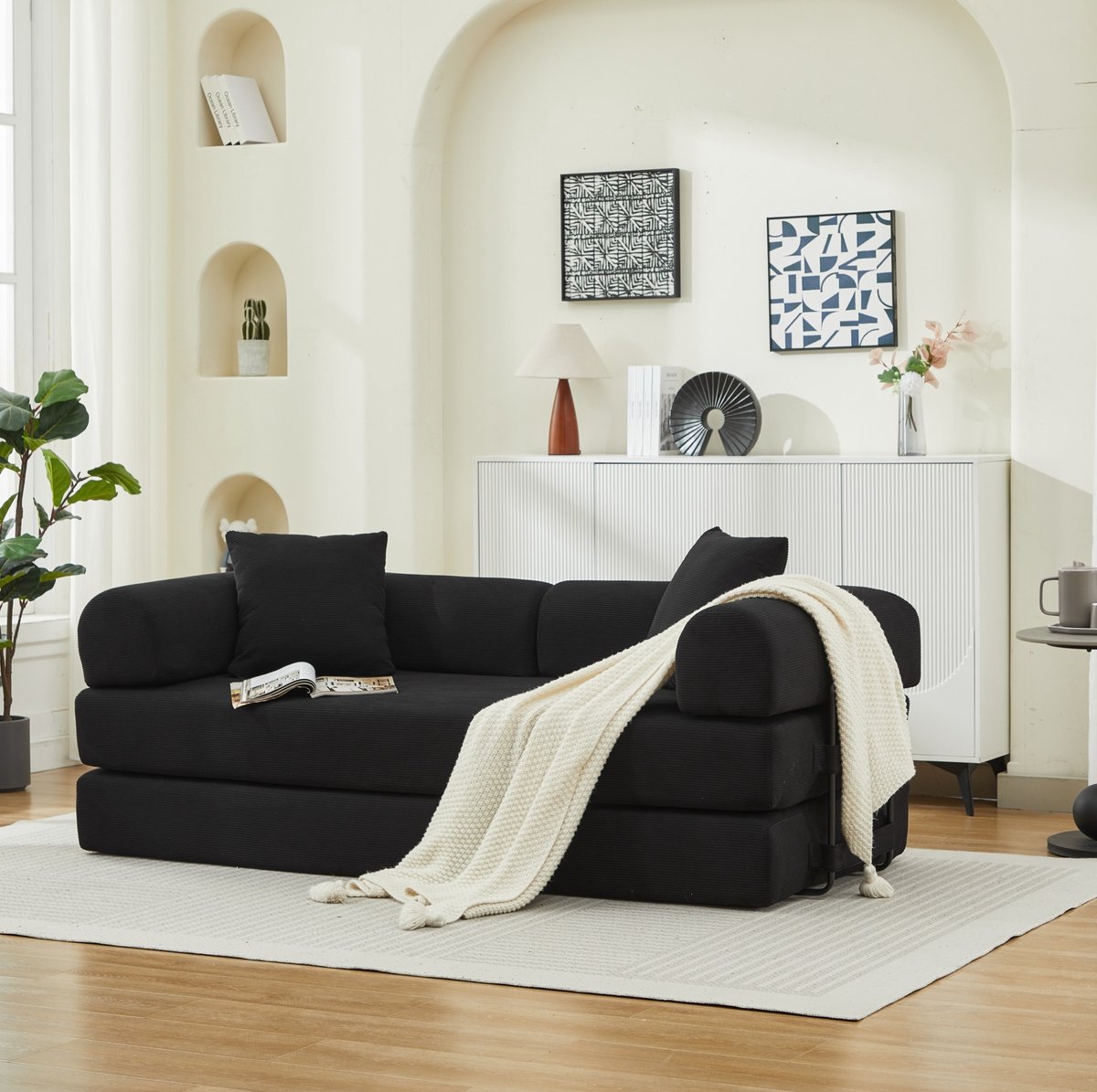 MIVRAY Slaapbank 200 x 95 x 75 cm - Uitklapbare 3-Zits Met 2 Kussens - Voor Woonkamer En Kantoor - Kordstof - Zwart