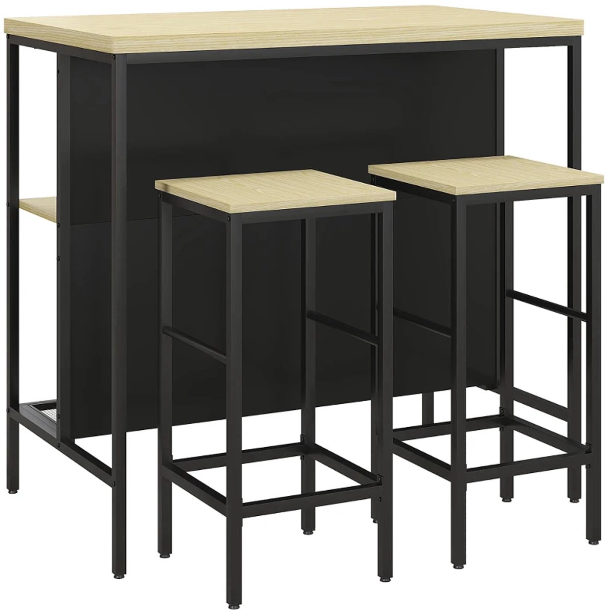 Eethoek - Barset Met 2 Barstoelen En 1 Bartafel - Vlekbestendig - Stabiel - Stalen Frame - Zwart En Eiken