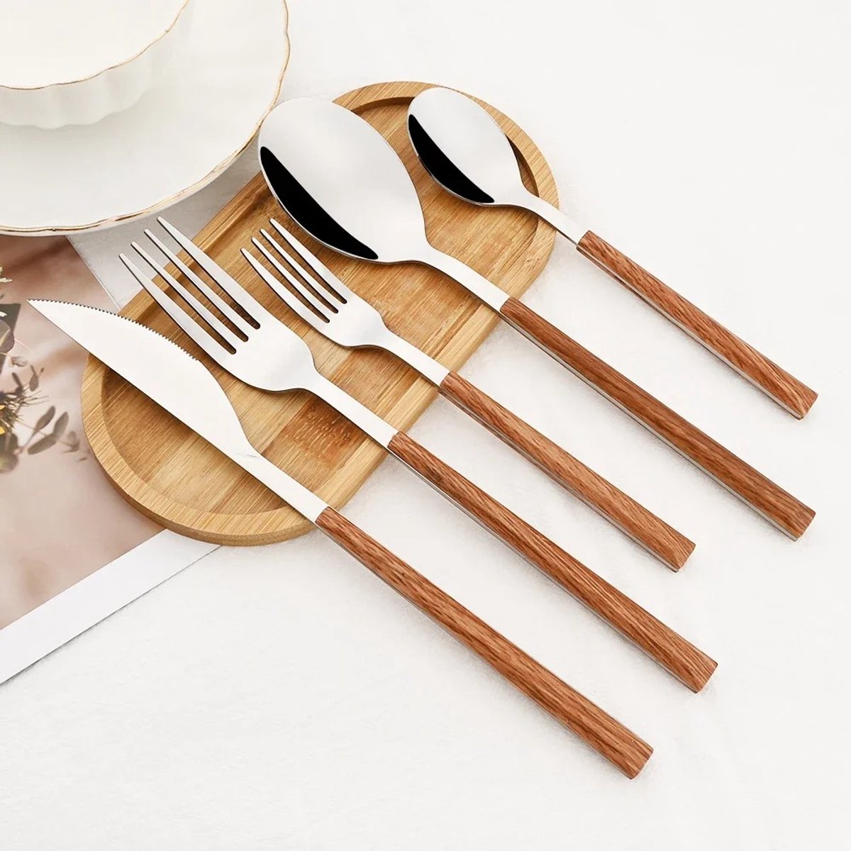 Stunq® 24-delig Bestekset RVS met Imitatie Houten Handvat
