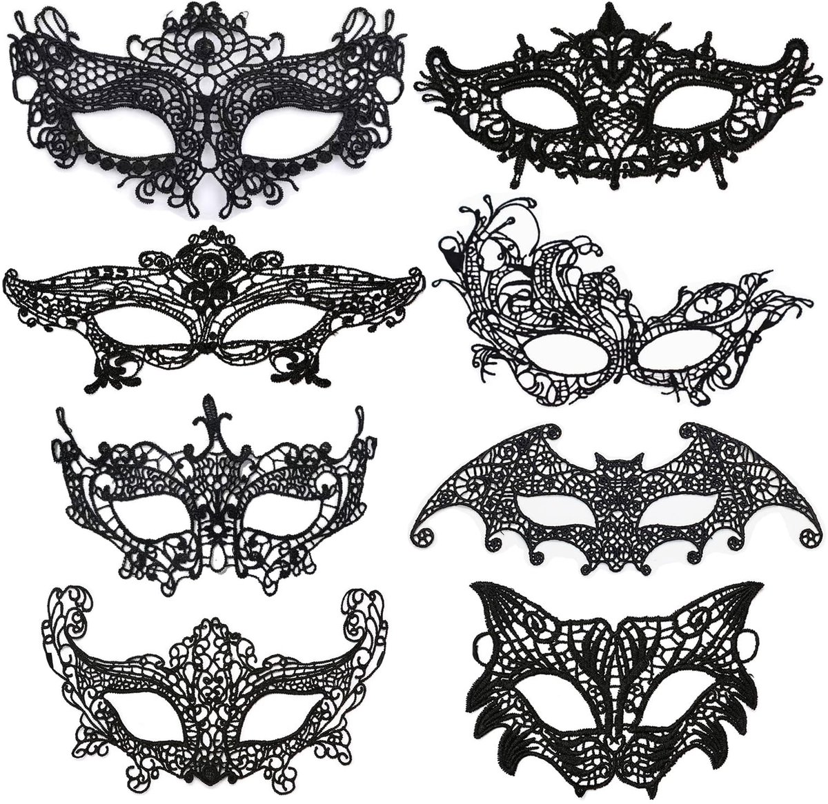 WFKKMEQ Venetiaans masker voor dames, 8 stuks, sexy kanten masker, zwart, oogmasker, maskerade, masker voor Halloween - ShopVlot