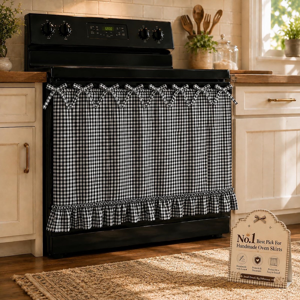 Casalora® Ovenrok Gordijn – Handgemaakt met Strikbanden – Gingham Ruitjespatroon – Landelijke Keuken Decoratie – Voor Oven, Fornuis en Vaatwasser – 77 × 55 cm – Zwart