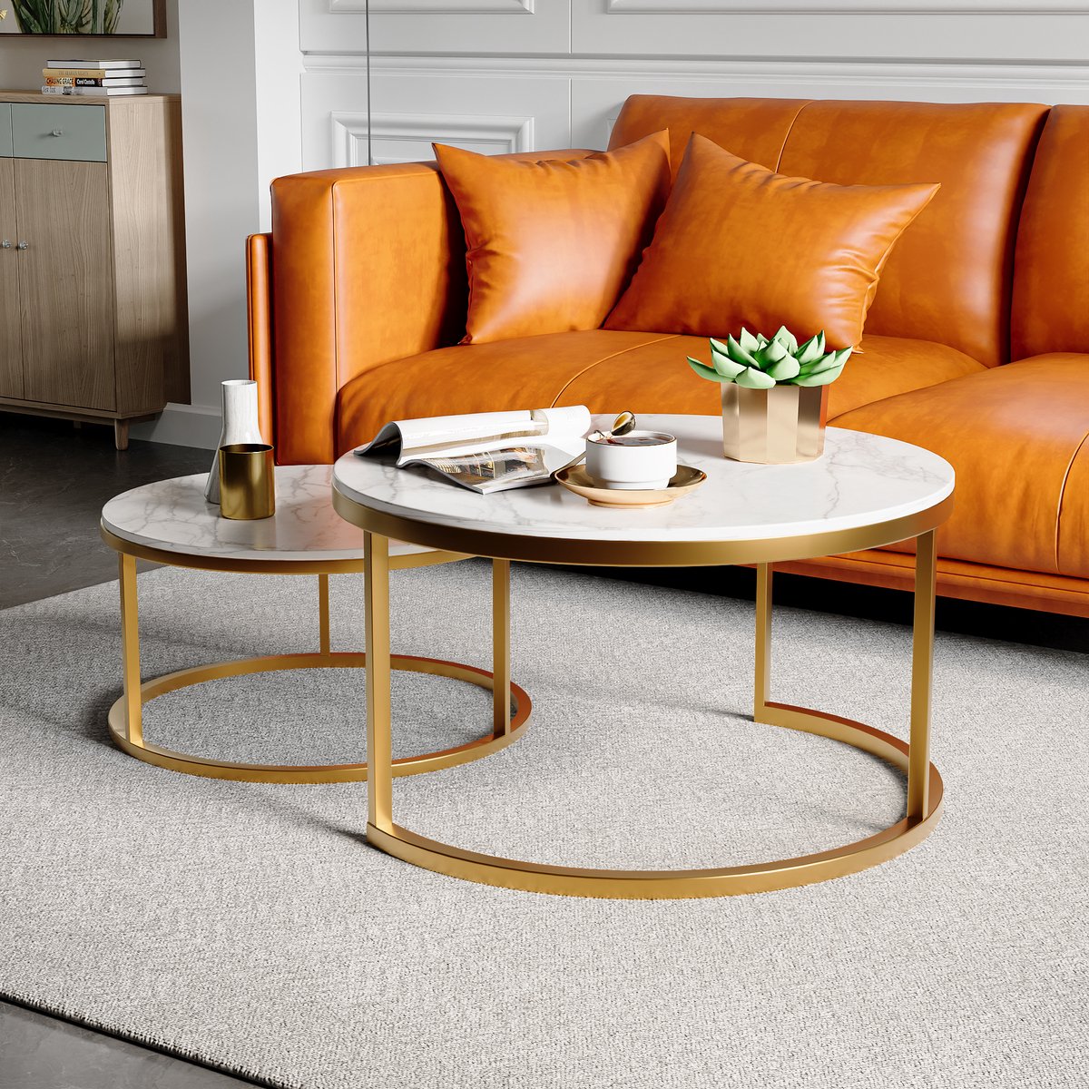 Yelenaro Set Van 2 Rond Salontafels, Stapelbaar, Tafelblad met marmerlook, Metalen frame, Woonkamer Tafel, Goud
