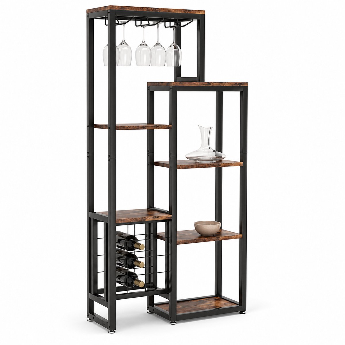 DMG Supply Wijnrek - 5 Niveaus - Glazenhouder en Flessenrek - 80 x 30 x 175 cm - Bruin en Zwart - MDF en Metaal