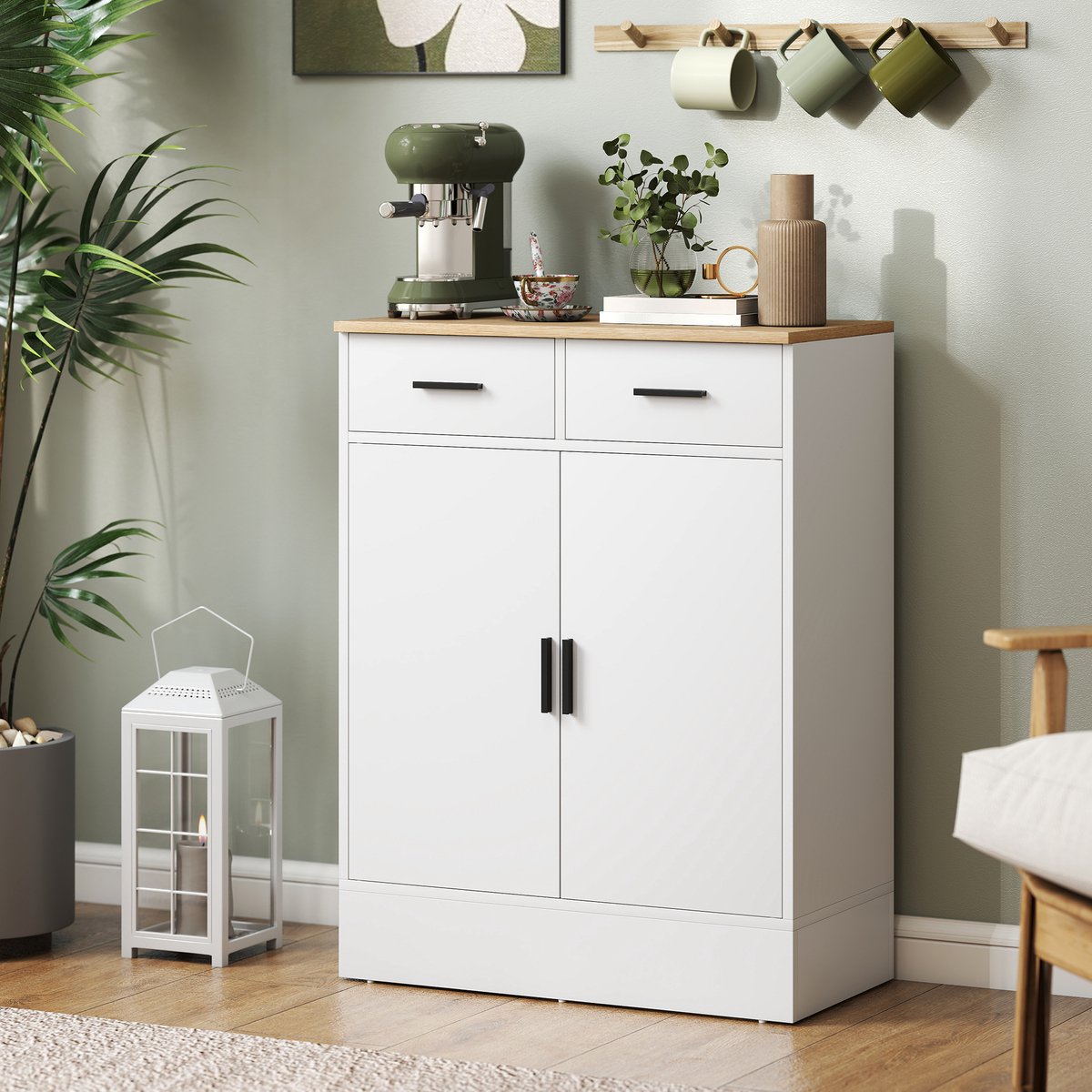 AURA LUMEN Buffetkast-Buffet met 2 deuren en 2 lades-instelbare plank-68,6 x 35 x 90,3 cm-wit en houtlook