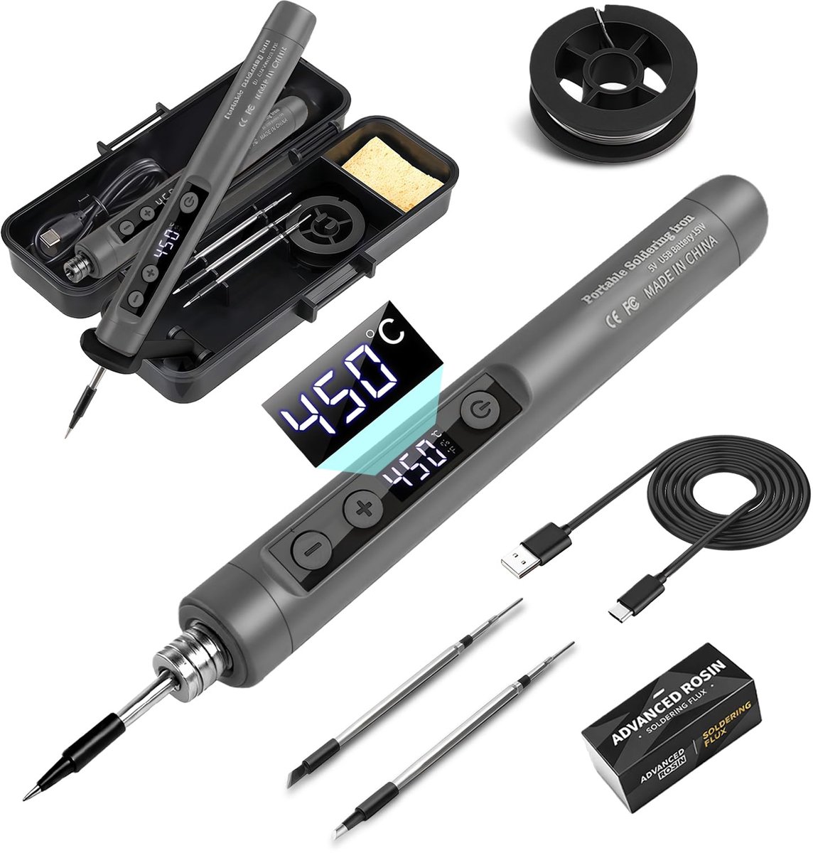 Flintronic Draadloze soldeerbout kit, oplaadbare USB-soldeerbout met LED-display, instelbare temperatuur 180 ° C-450 - ShopVlot
