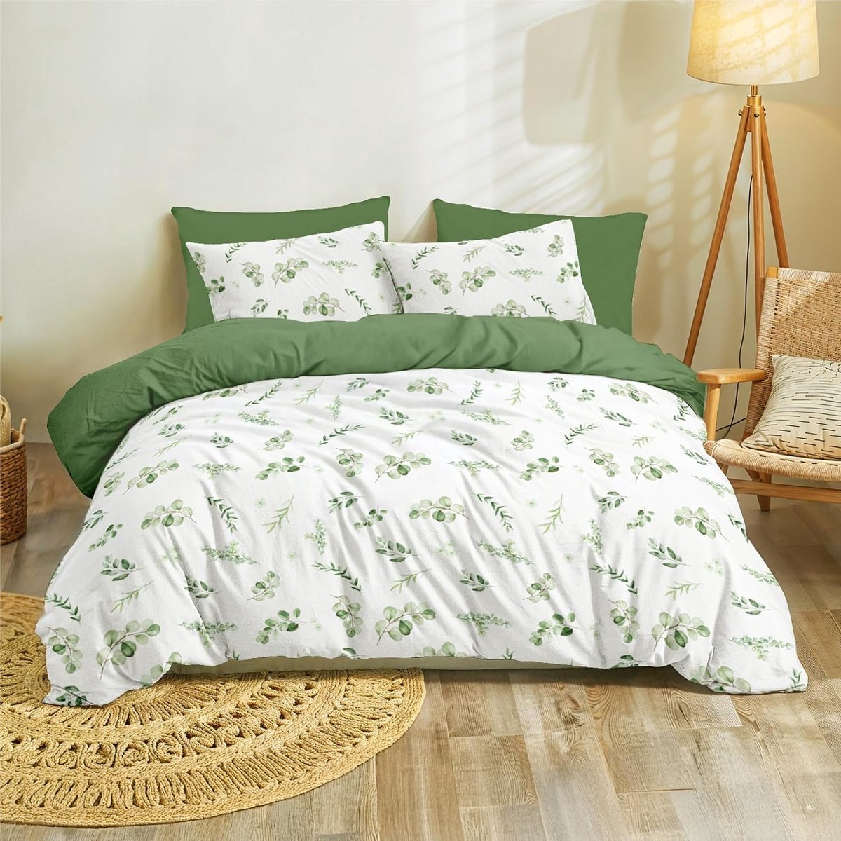Dekbedovertrekset 200x200 cm - Microvezel - Botanisch Dessin - Ritssluiting - Saliegroen