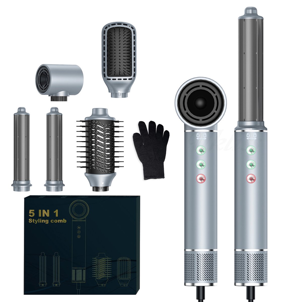 5-in-1 Stylingkam - Ionen föhnkam - Multifunctionele styler - Snelle stylingkam - 110.000 tpm - Instelbare warme en koude lucht - Geluidsarme föhn - Stijltang/krultang - Inclusief hittebestendige handschoenen - Zilvergrijs