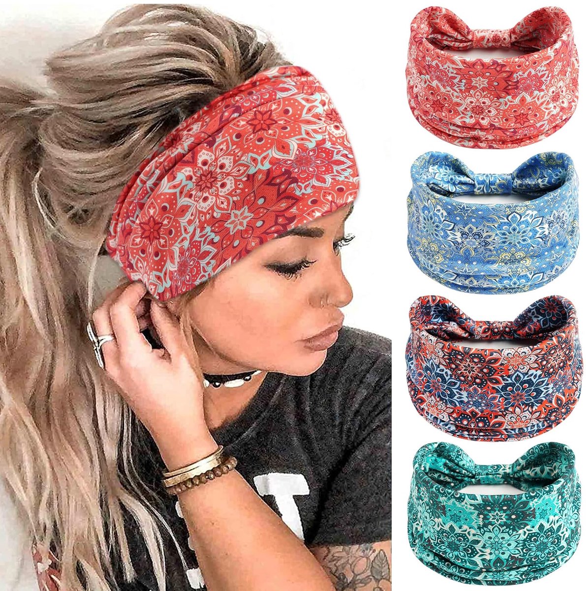 KZQ Hoofdbanden set - 4 stuks boho haarbanden met bloemenprint - Elastisch en ademend haaraccessoire - Voor dames, festivals en dagelijks gebruik - Multicolor