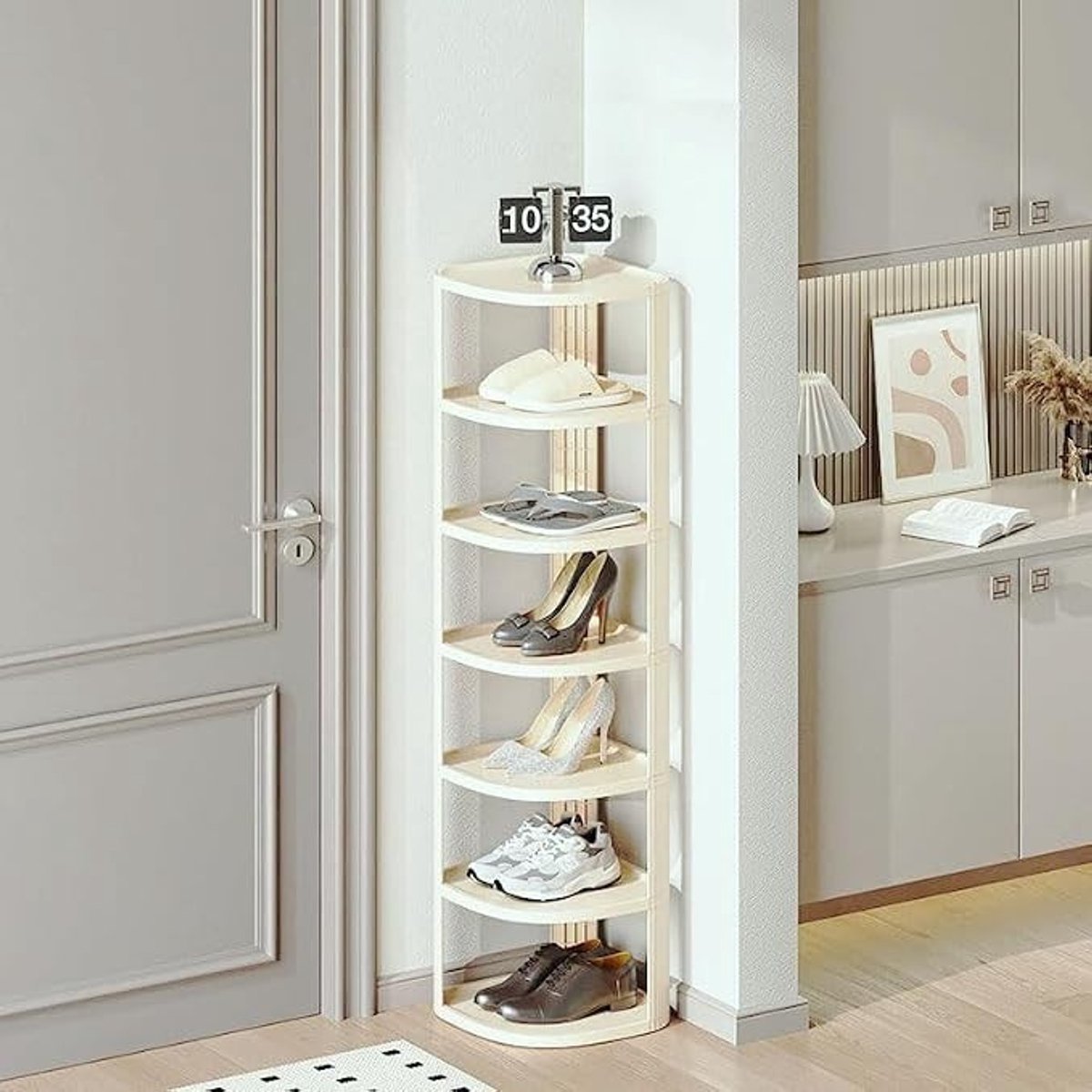 PolkaHome Smal Schoenenrek met 7 Niveaus, Hoekontwerp, 104 cm Hoog, Crèmekleurig