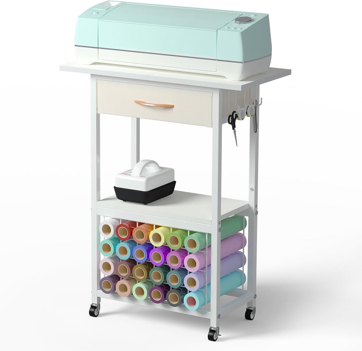 CINK & Co Knutselwagen met 24 Vinylrolhouders - Lade en Werkblad - Voor Snijplotterbenodigdheden - Wit - 60 x 30 x 77 cm