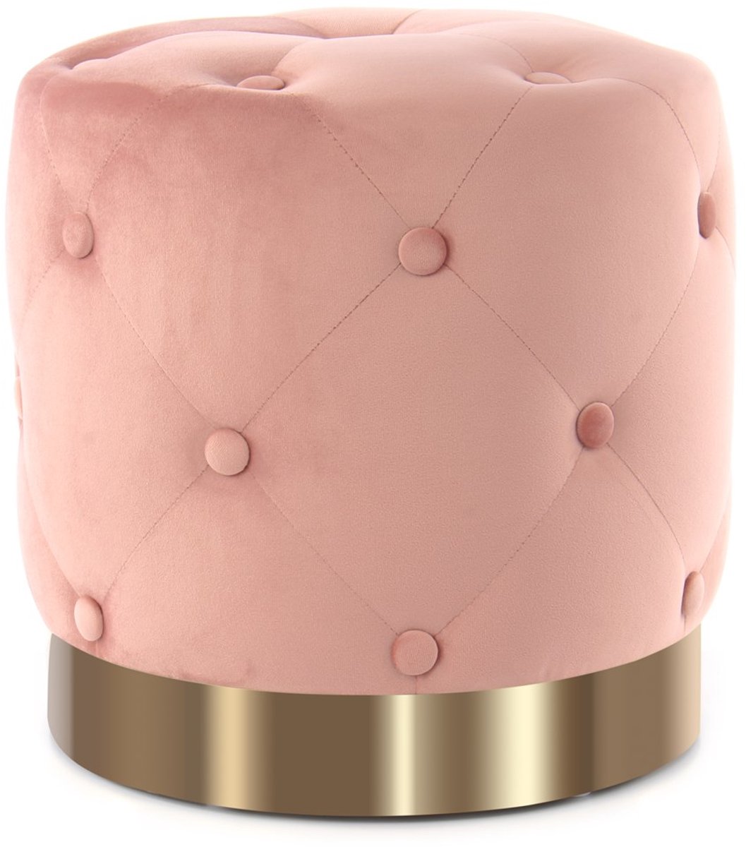 Padiro ronde poef Ø 40 x 40 cm - roze - fluweel - sierknopen en metalen voet