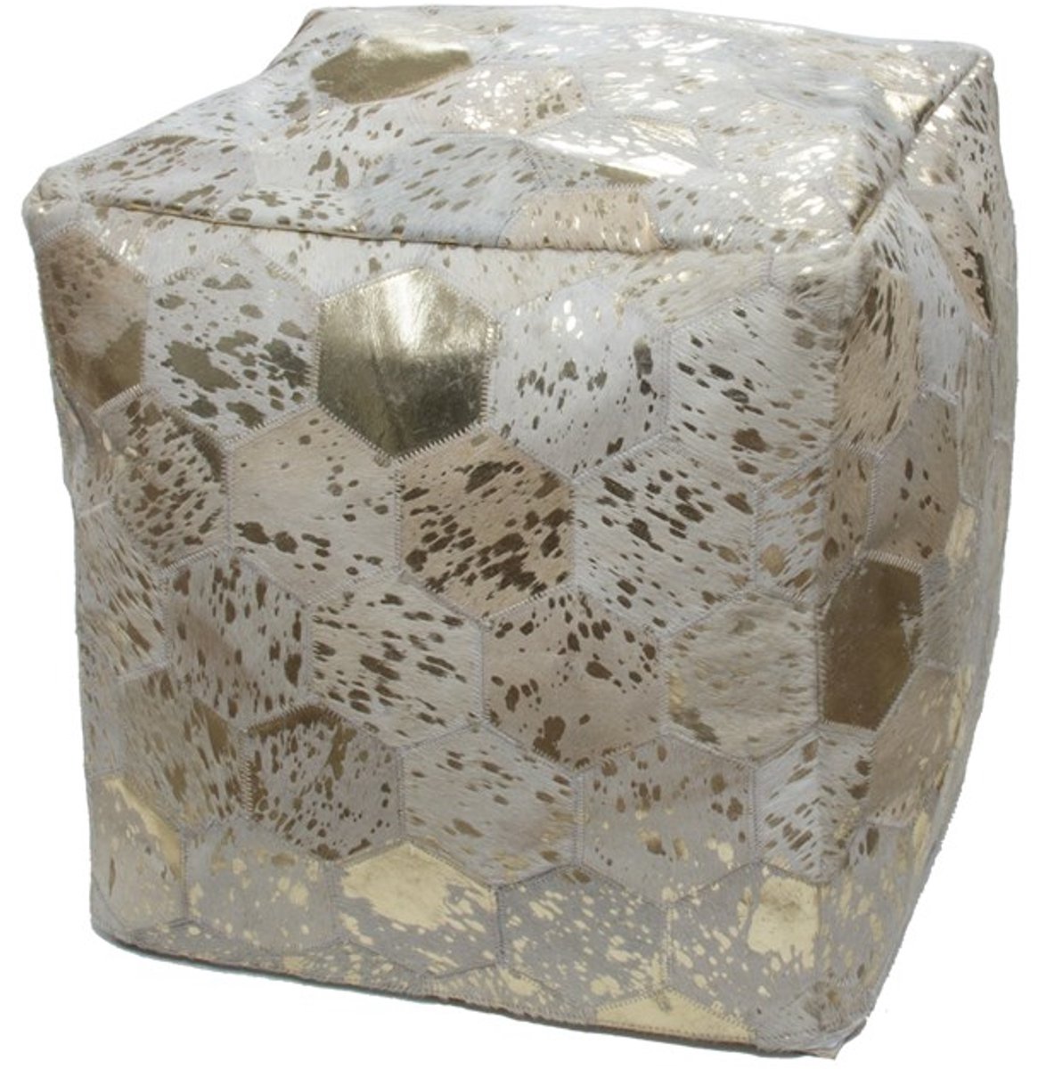 Padiro vierkante poef 45 x 45 x 45 cm - ivoor en goudkleurig - leer - handgemaakt met honingraatpatroon