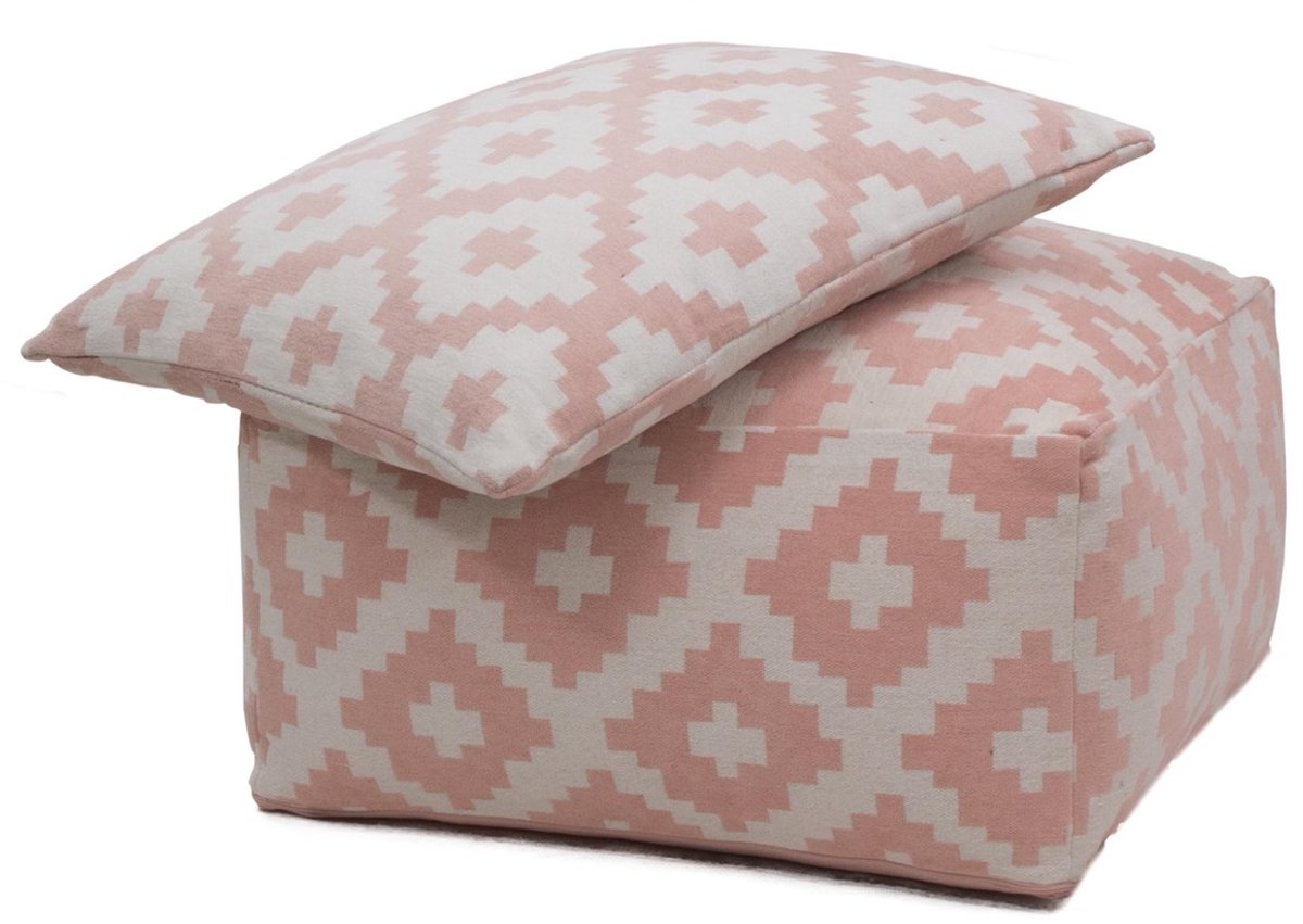 Padiro poef met zitkussen 80 x 80 cm - wit en pastelroze - stoffen bekleding - geometrisch patroon en omkeerbaar kussen
