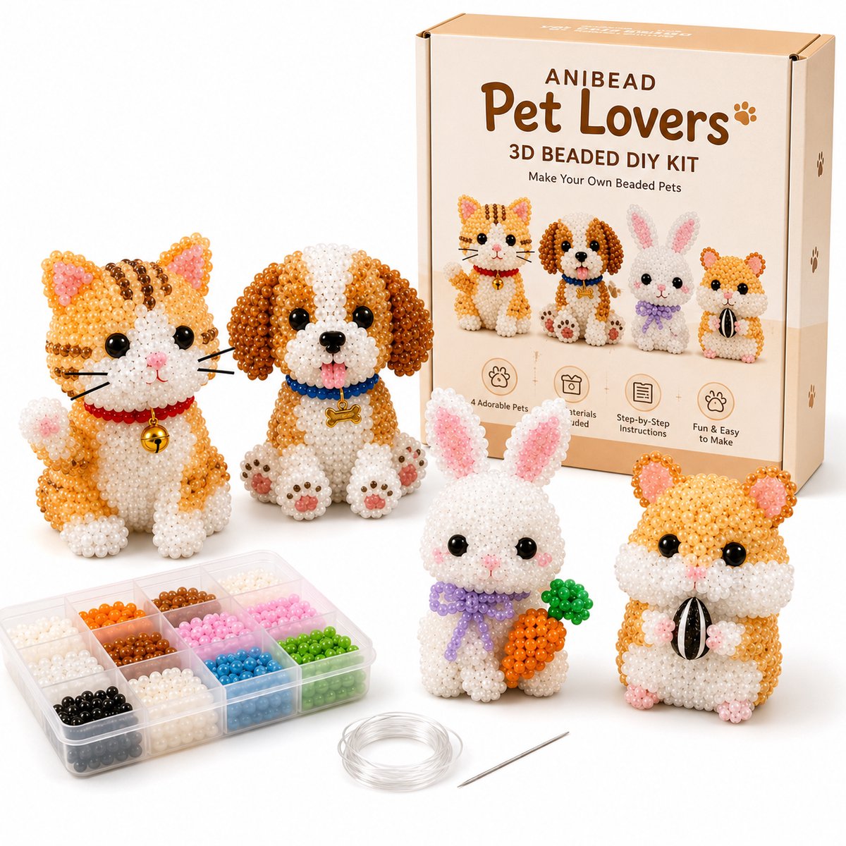 Vixson - DIY Kralen Dierenpakket - 4 Stuks - 3D Dieren Knutselset - Creatief Knutselpakket voor Kinderen & Volwassenen - Dierenkralen Hobby Set - Dierenliefhebbers - ANIBEAD