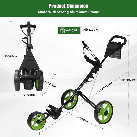 Driedelige Golf Trolley met 3 Wielen, Opvouwbare Golfkar van Aluminium in Groen voor Gemakkelijk Transport — afbeelding 5