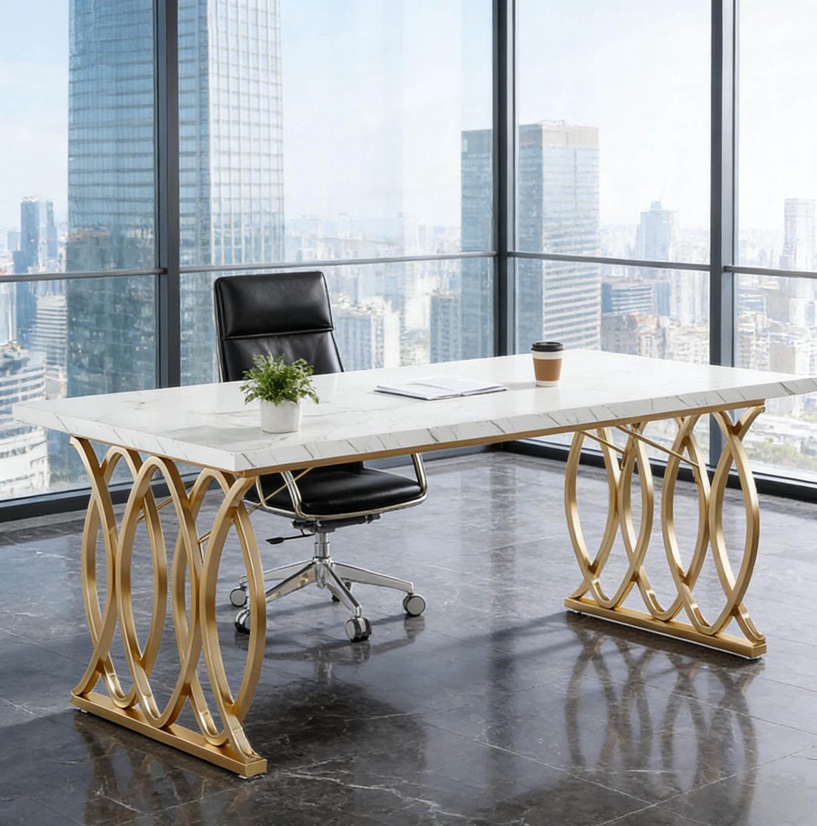 MODFU-Bureau-160 X 80 Cm-Goud Wit-Marmerlook-Metalen Frame