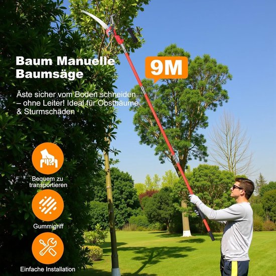 Takkenschaar 9m - Telescopische Snoeischaar - Hoge Takken Snoeien - Lichtgewicht Glasvezel - 9 Meter Bereik - Oranje — afbeelding 2
