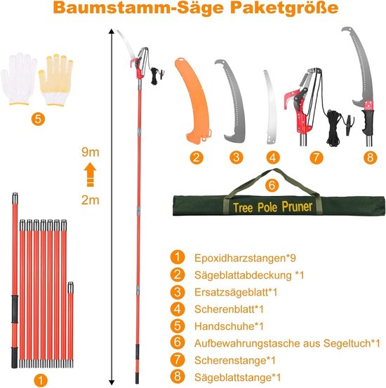Takkenschaar 9m - Telescopische Snoeischaar - Hoge Takken Snoeien - Lichtgewicht Glasvezel - 9 Meter Bereik - Oranje — afbeelding 5