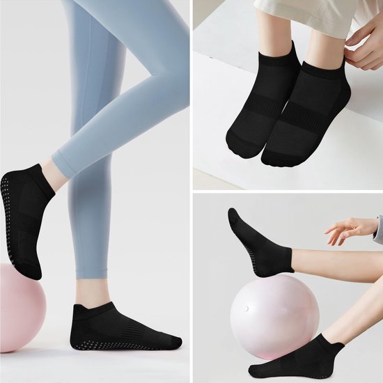 Set van 4 paar antislip-sportsokken - Stijl voor pilates en yoga (dames) - Eén maat (geschikt voor maat 36–41) - Zool met grip - Geschikt voor ballet, dans, revalidatie en fitness - Unisex - Zwart — afbeelding 3