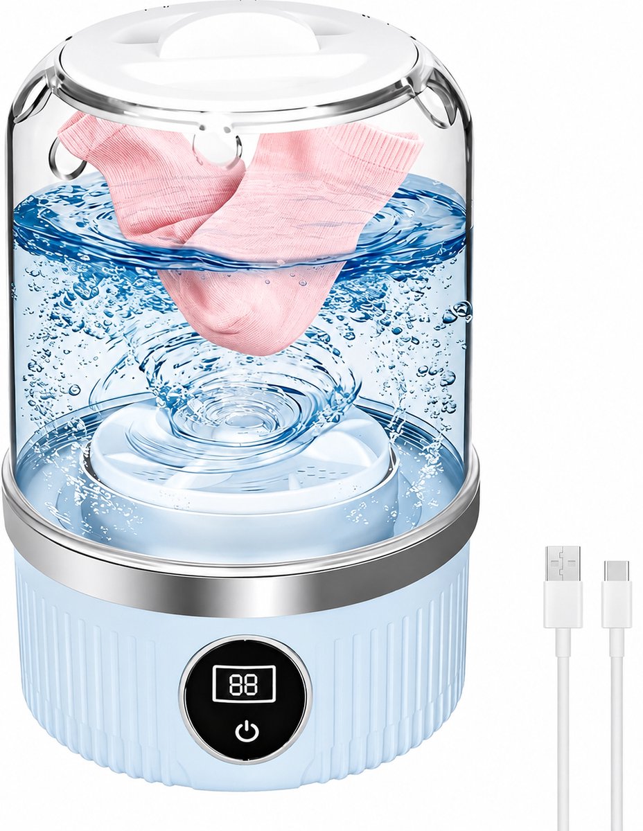Mini Wasmachine - Draagbare Wasmachine - Camping Wasmachine - Draadloos & USB Oplaadbaar - LED Display & Touch - Geschikt voor Sokken, Ondergoed, Babykleding, Camper & Reis - Lichtblauw
