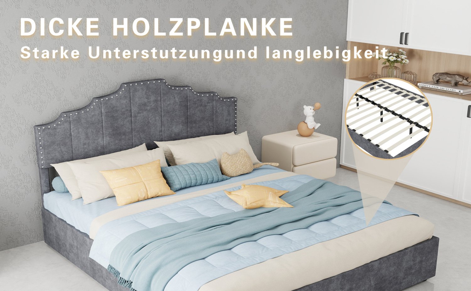 REDOM Tweepersoonsbed 160x200 cm - Gestoffeerd met lattenbodem en opbergruimte - Grijs