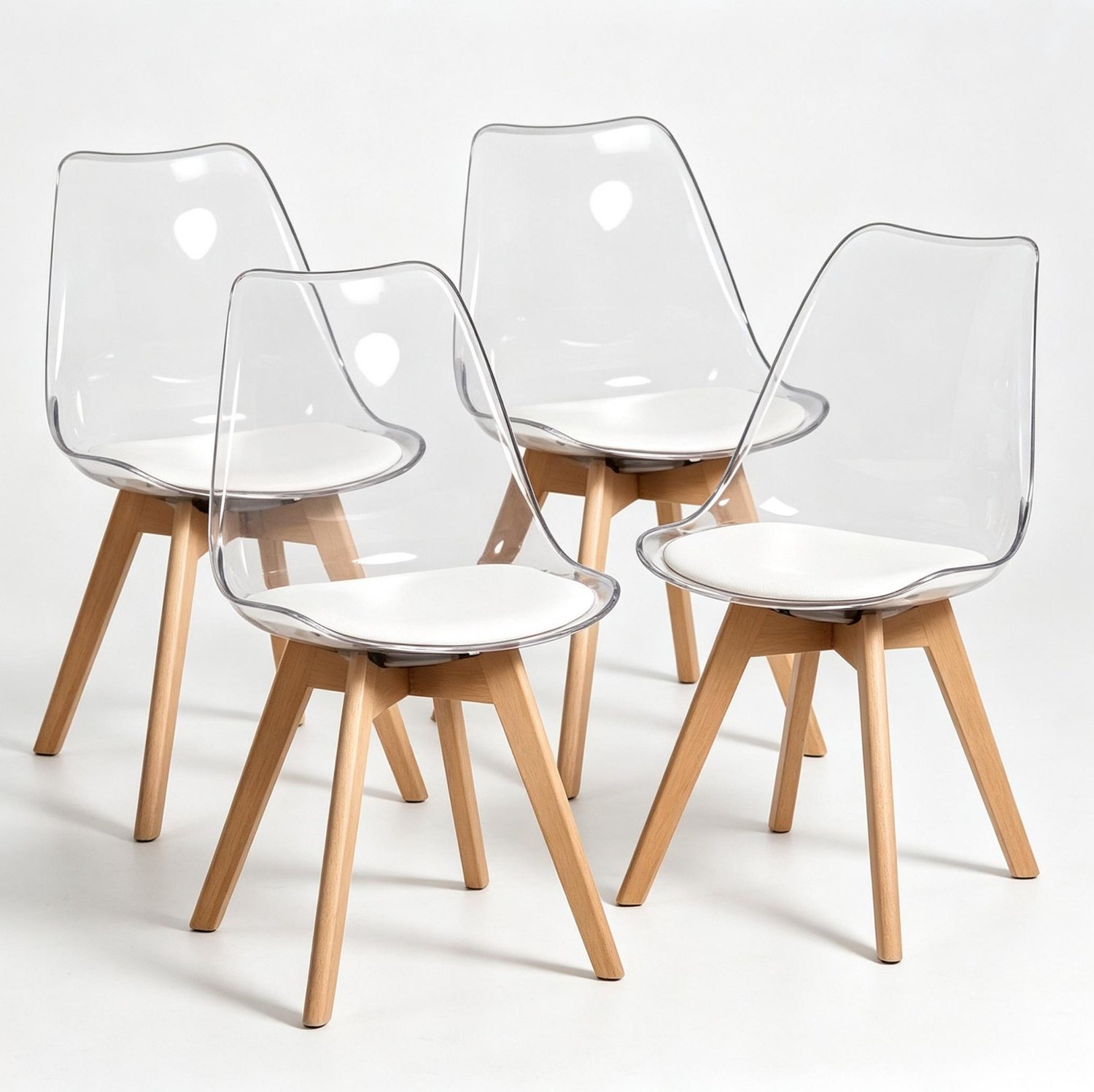 STILVORA Eetkamerstoelen Set Van 4 - Transparante Kuip Met Kunstleren Zitkussen - Voor Eetkamer En Woonkamer - Hout En Kunststof Wit