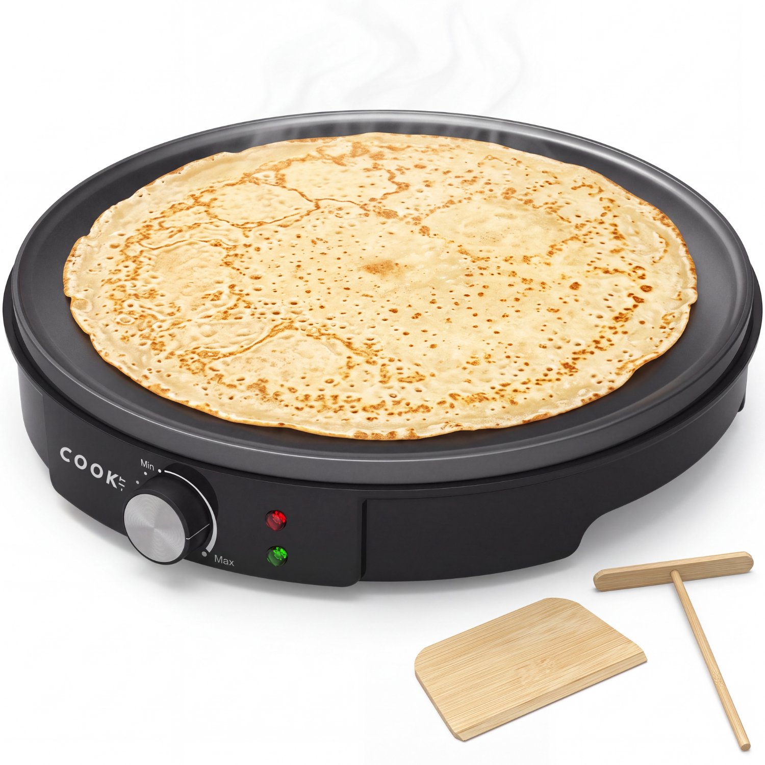 COOK-IT Crêpemaker – 1200W – Traploos Instelbare Temperatuur – Antiaanbaklaag – Inclusief Spatel – Zwart